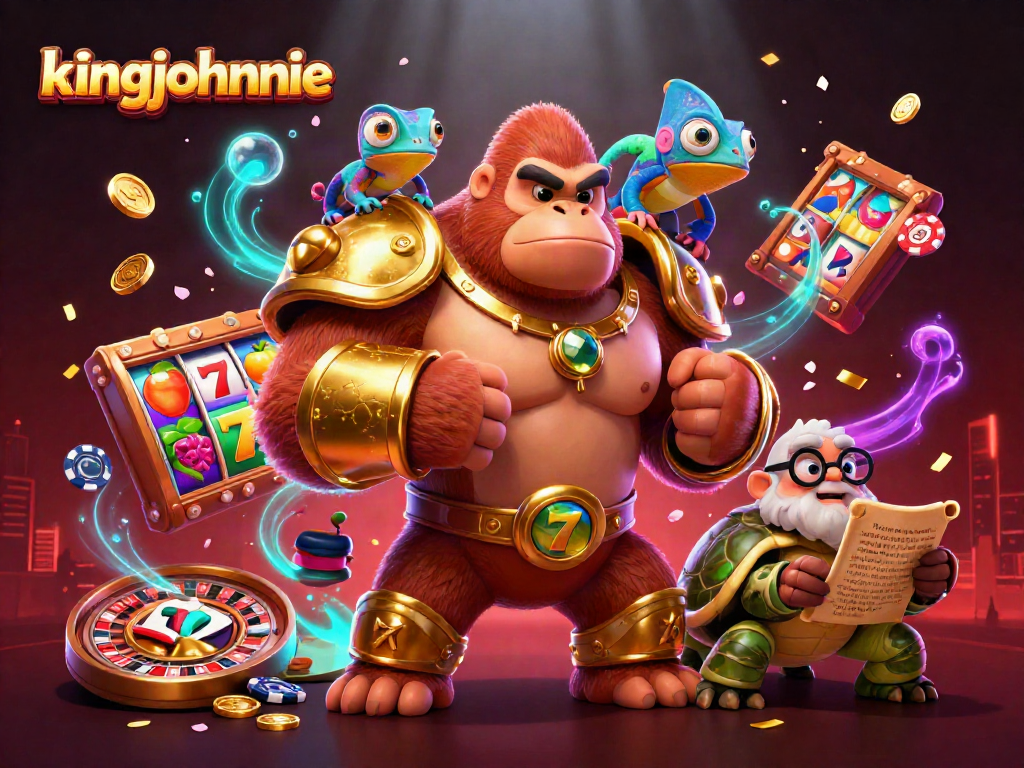Experience the thrill at kingjohnnie casino with vibrant slot reels, chips, and animated characters.