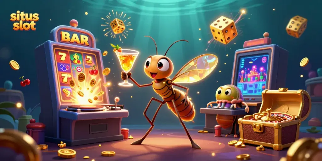 Menangkan jackpot di situs slot dengan simbol uang dan karakter lucu dalam suasana kasino yang meriah.