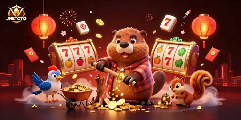 Engage with JNETOTO as a vibrant beaver character spins slot reels surrounded by golden treasures and festive elements.