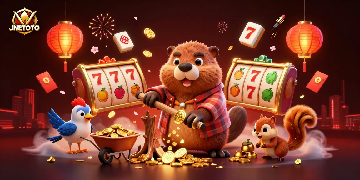 Engage with JNETOTO as a vibrant beaver character spins slot reels surrounded by golden treasures and festive elements.