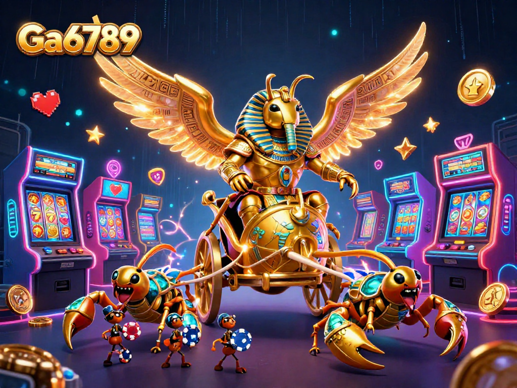 Win big with Ga6789 as animated characters celebrate around vibrant slot machines.