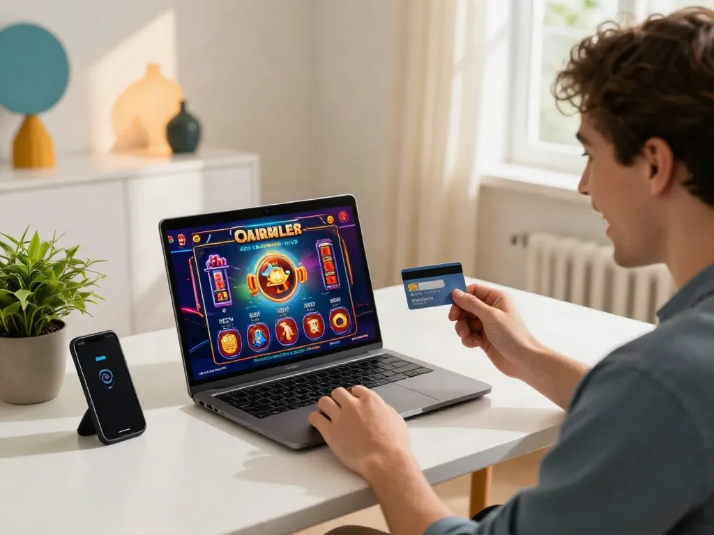 Excited player at home using credit card at amex casinos, surrounded by casino decor and gaming setup.