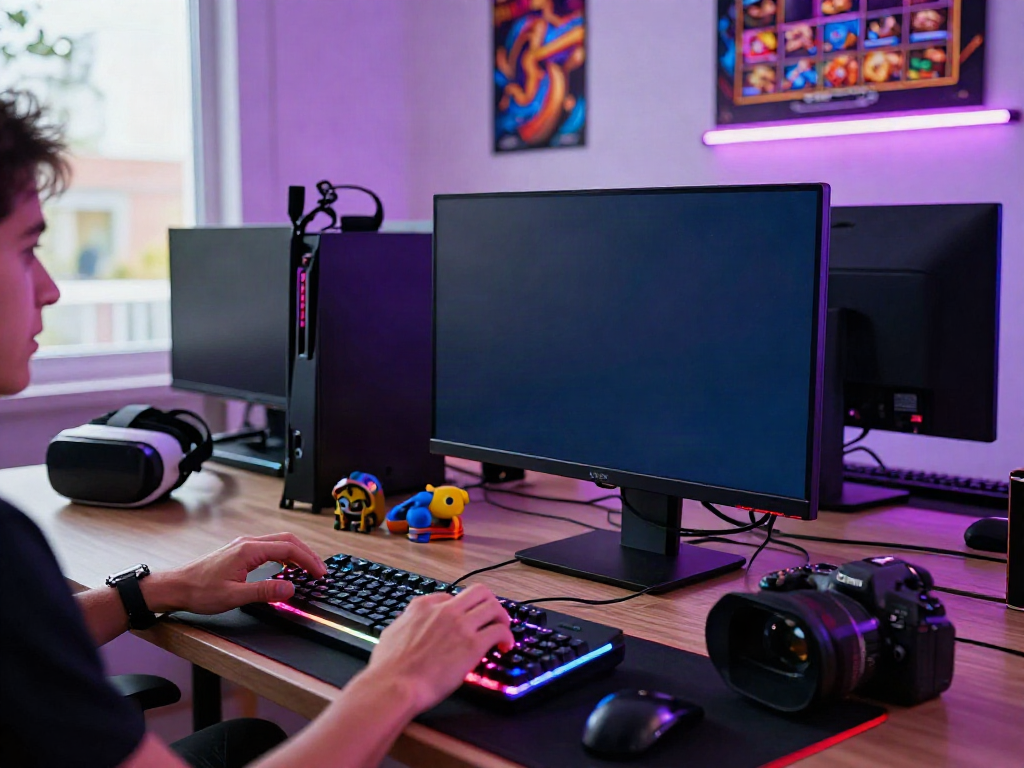 Player enjoying slot gacor hari ini at a vibrant gaming setup with colorful lighting.