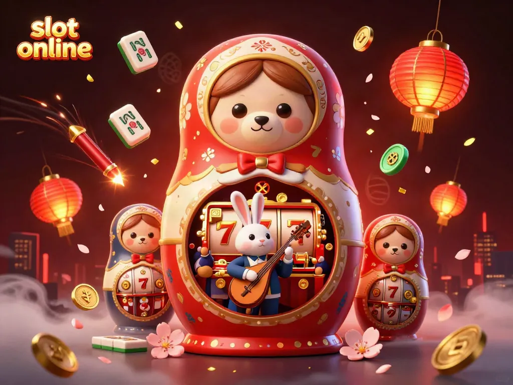 Spin to win at slot online with a vibrant 3D illustration showcasing bears, slots, and festive elements.