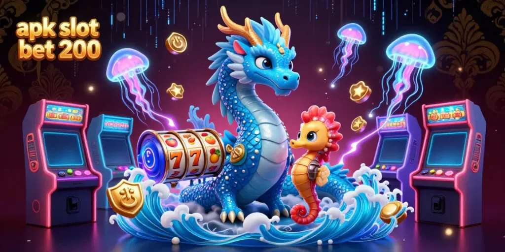 Play and win big with apk slot bet 200 in a vibrant 3D casino scene filled with slot games and glowing elements.