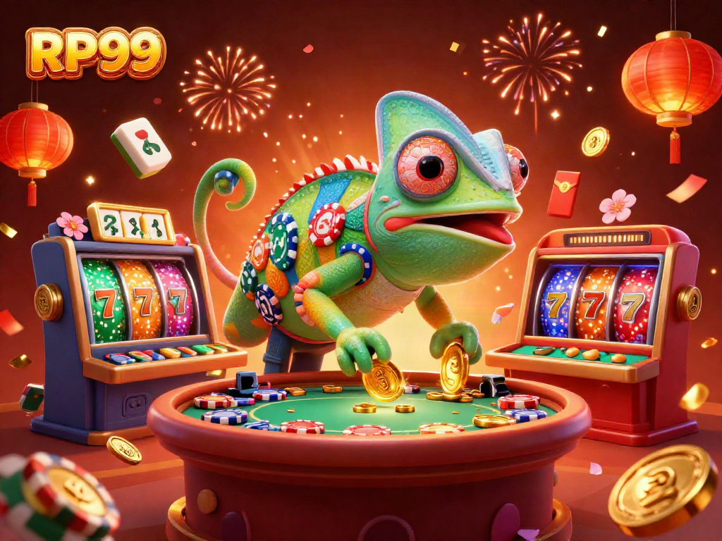 Experience the vibrant excitement of RP99 with colorful slots and a lively chameleon casino owner.