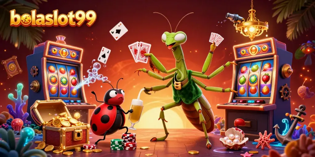 Bolaslot99 offers vibrant slots action with giant mantis dealer amid underwater treasures.