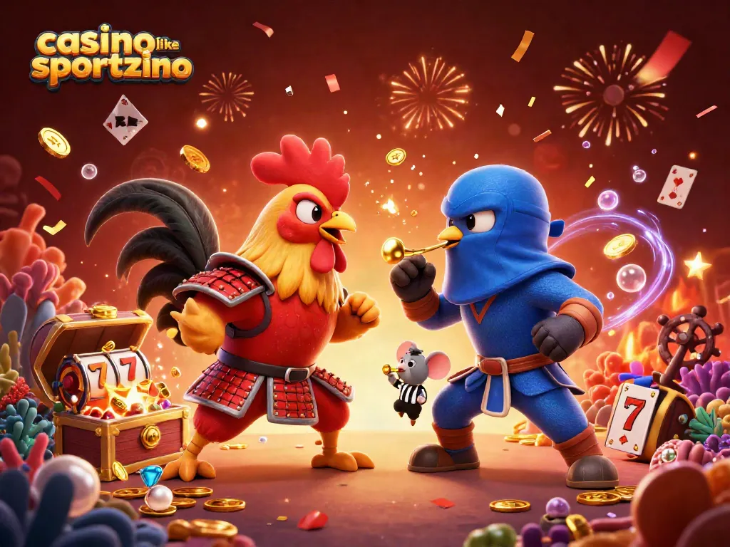 A dynamic showdown of roosters in samurai and ninja attire with casino elements showcasing a casino like sportzino experience.