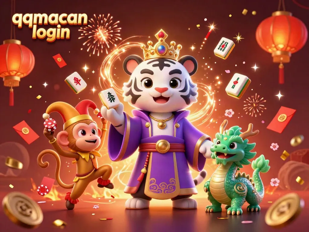 Engage with vibrant qqmacan login visuals featuring a royal tiger, playful monkey, and dragon in a festive casino scene.