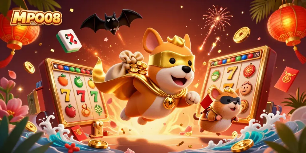 Catch the excitement with MPO08 as a superhero dog and hamster bring casino fun to life amidst slot reels and colorful elements.