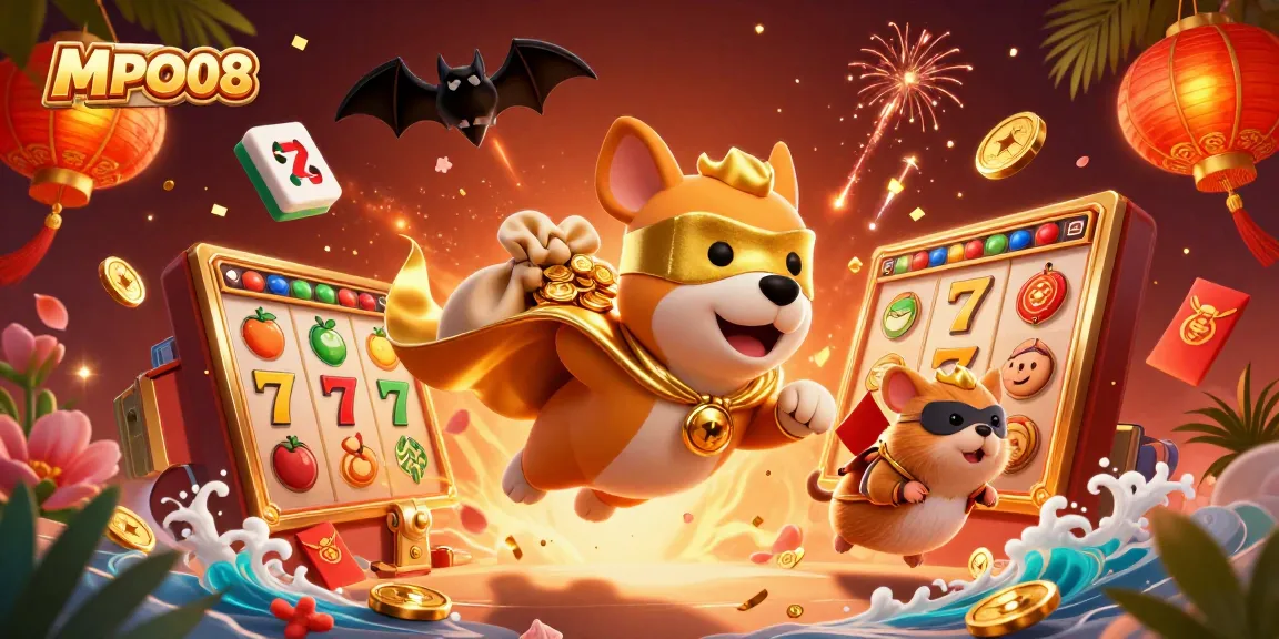Catch the excitement with MPO08 as a superhero dog and hamster bring casino fun to life amidst slot reels and colorful elements.