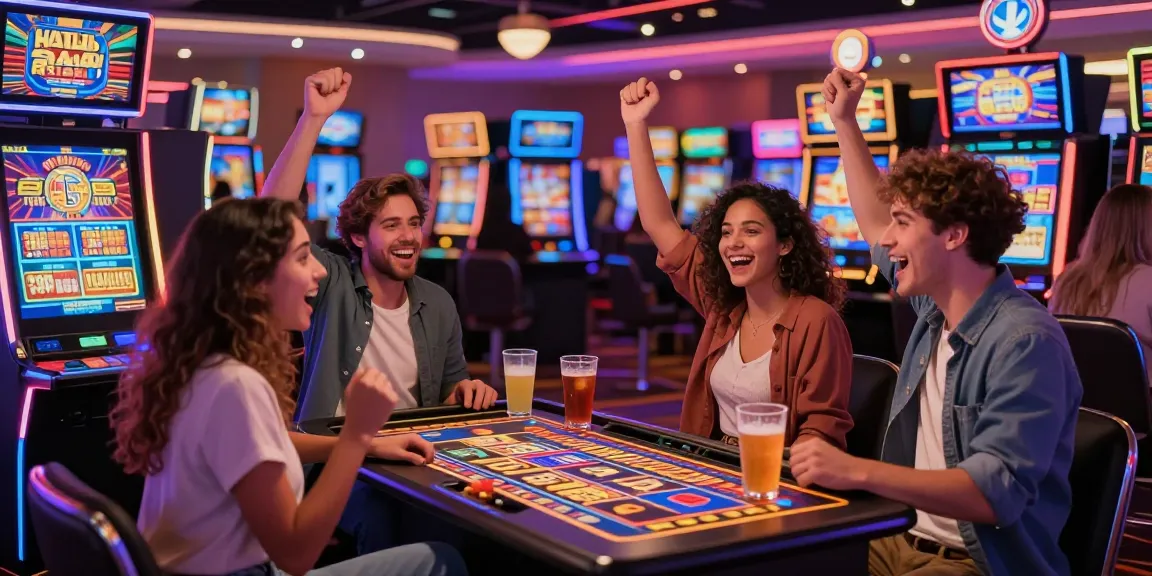 Celebrating friends enjoying a bandar slot machine experience in a lively casino.