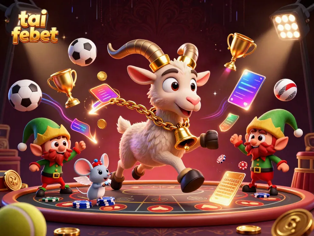 Engaging scene at a festive casino; tai febet features a Krampus goat, angel mouse, and elf gremlins with dynamic sports elements.