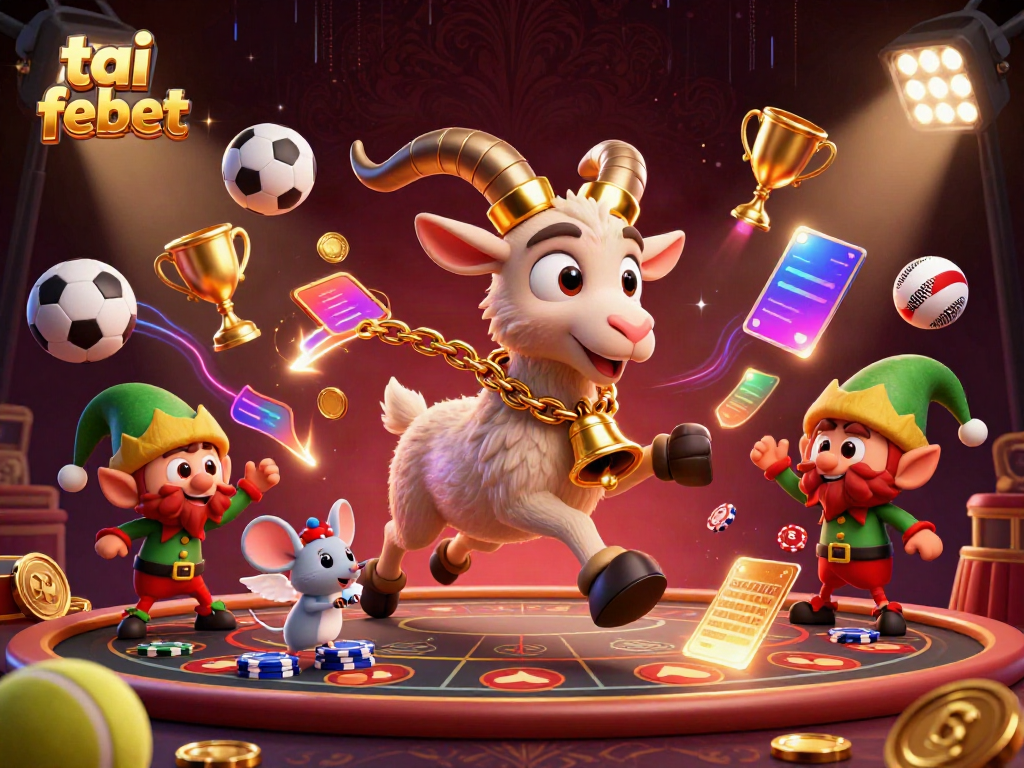 Engaging scene at a festive casino; tai febet features a Krampus goat, angel mouse, and elf gremlins with dynamic sports elements.