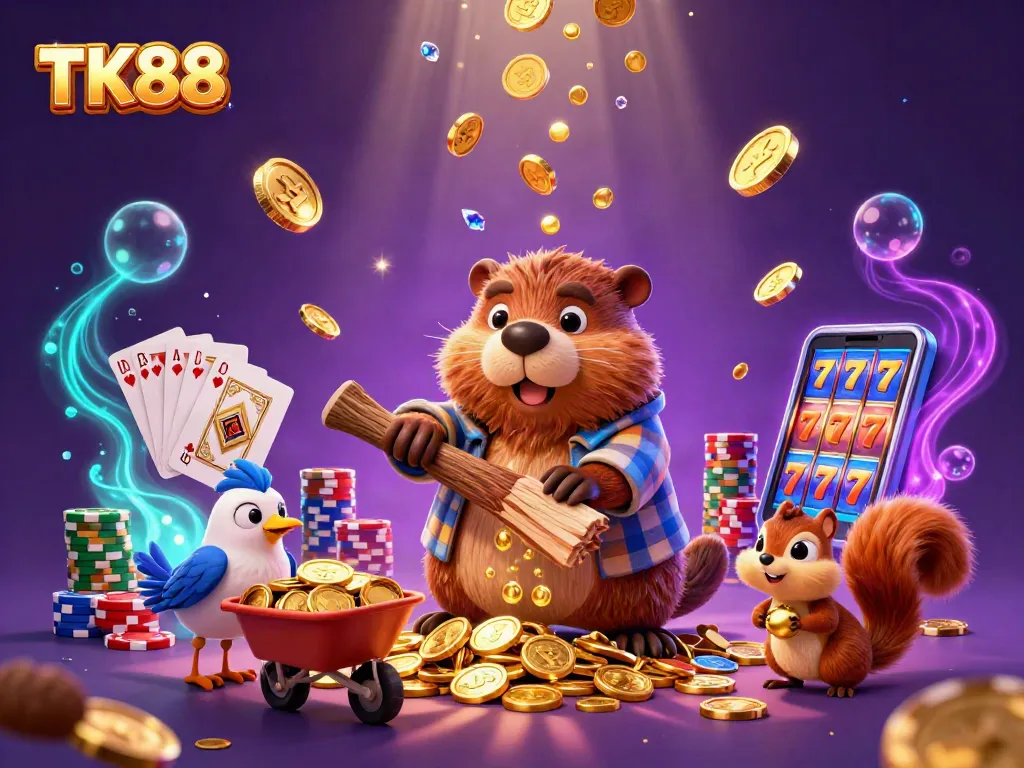 Experience the thrill of TK88 with vibrant casino elements and cartoon characters in action.