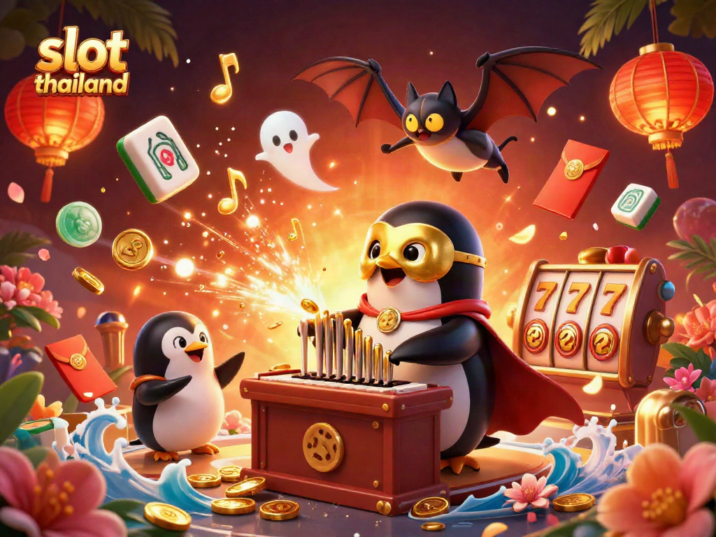 Engage with slot thailand featuring a whimsical penguin playing a golden organ amidst a vibrant casino scene.