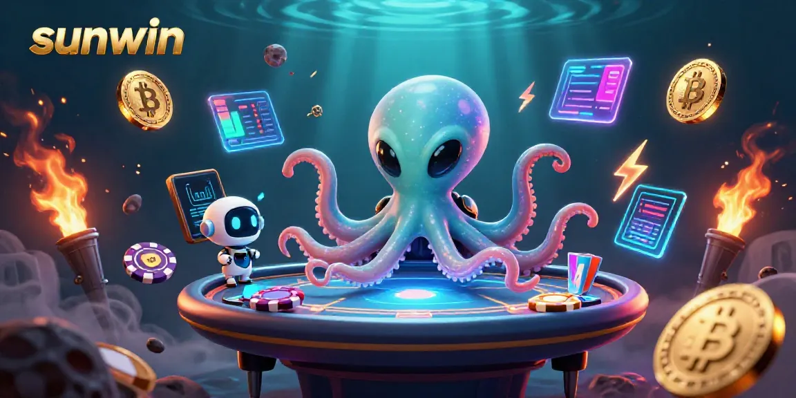 Experience the thrill of sunwin with an alien octopus at a holographic poker table amid floating crypto coins.