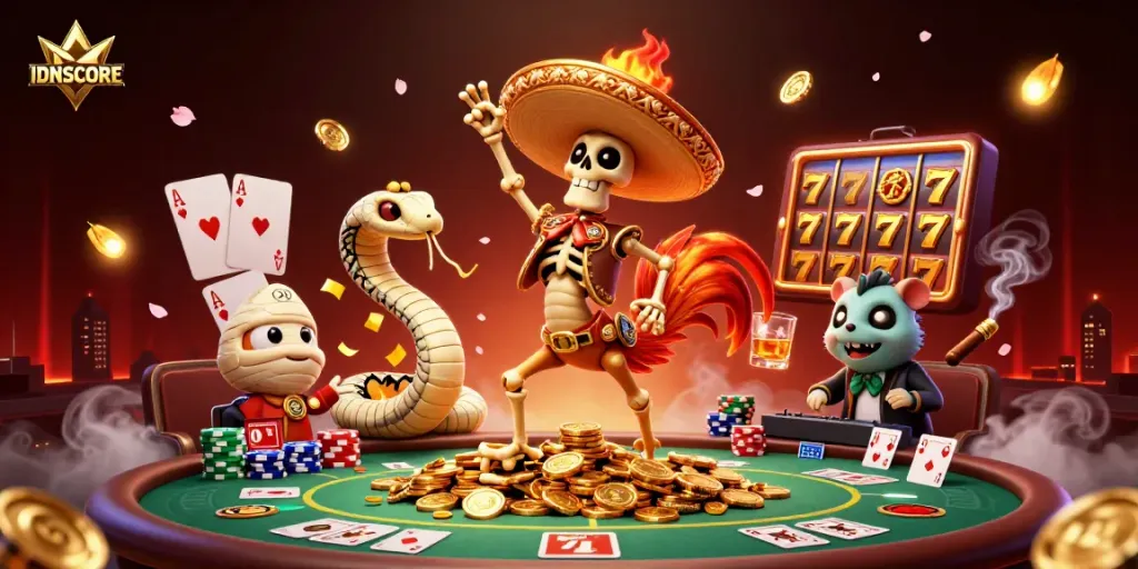 Experience thrilling action with IDNSCORE as a mariachi rooster dances on golden coins, surrounded by poker elements.