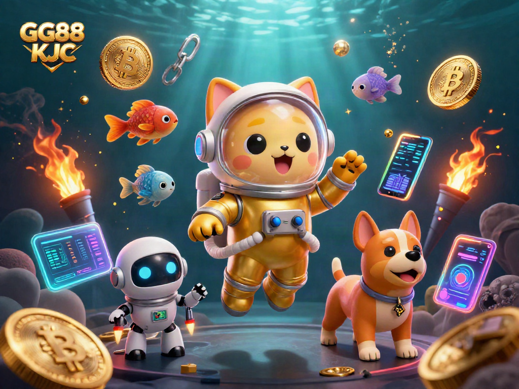 Engage with GG88 KJC through a captivating 3D scene featuring an astronaut cat and crypto elements.