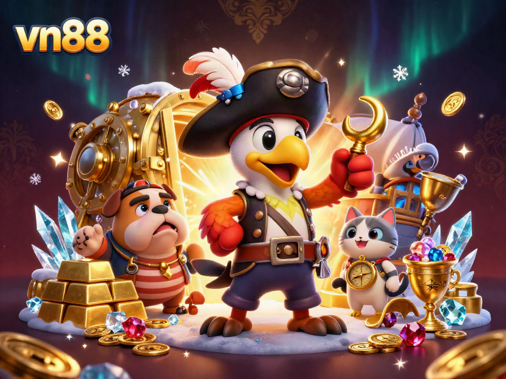 Experience sensational jackpots with vn88, showcasing rich 3D treasure elements and dynamic casino characters.