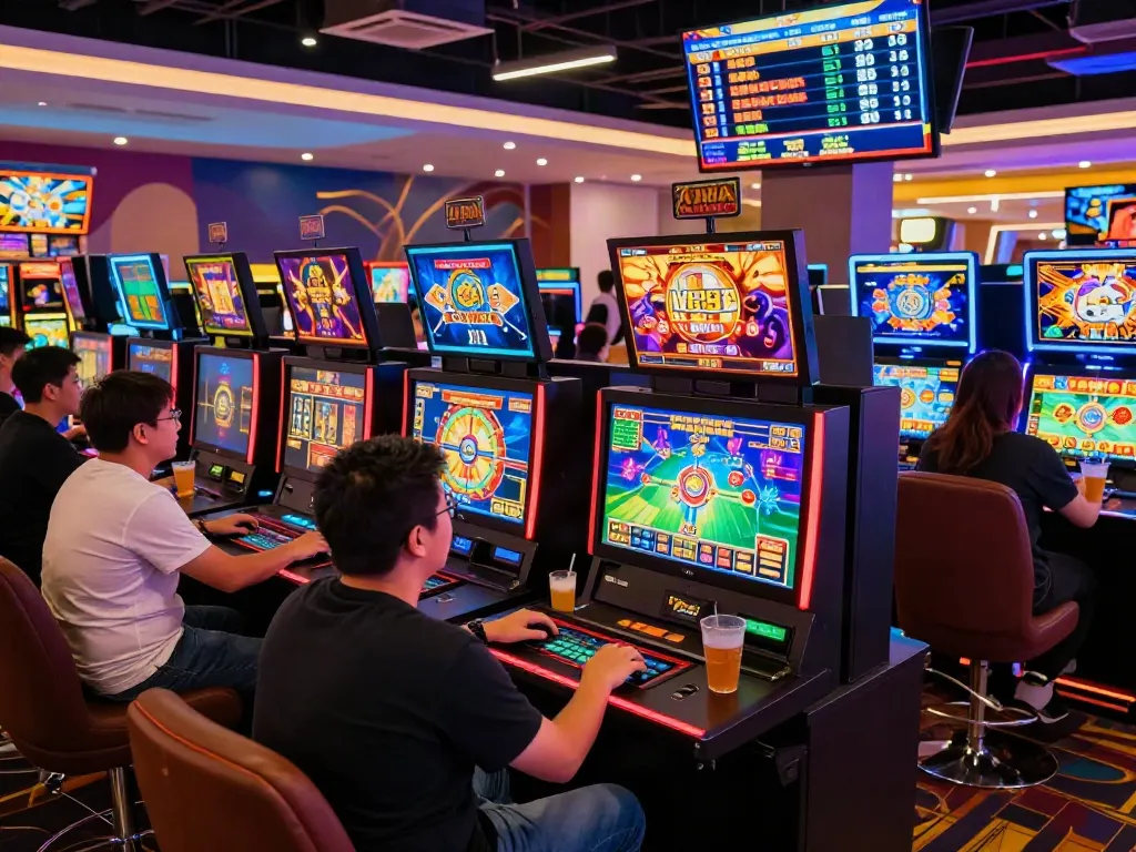 A vibrant online casino scene featuring players enjoying akunjp games on multiple devices, creating an engaging atmosphere.