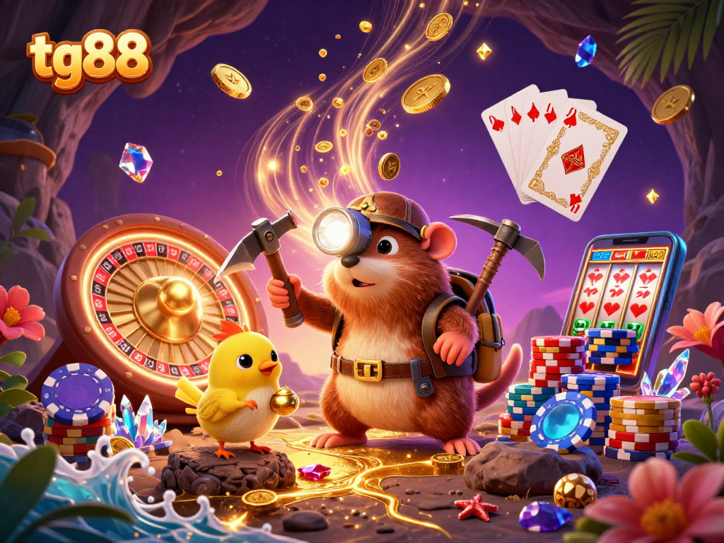 Tg88 players engaging in thrilling treasure hunts amid cascading coins and dazzling gems in a mystical casino