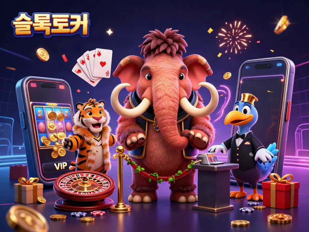 슬롯토커에서 털복숭이 매머드 경비원이 슬롯 게임을 선보이며 황금 동전을 뿌리는 장면입니다.