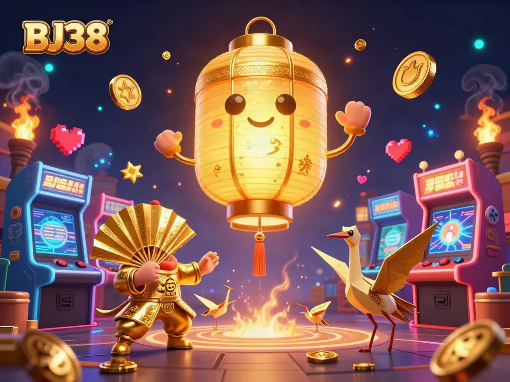 Engage with BJ38 as a golden lantern spirit illuminates a vibrant casino night market amidst game machines.