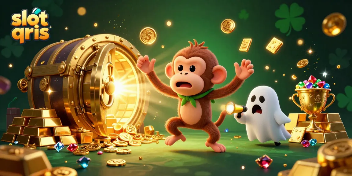 Engaging scene of slot qris action in a hauntingly playful casino with a mischievous monkey and a curious dog.