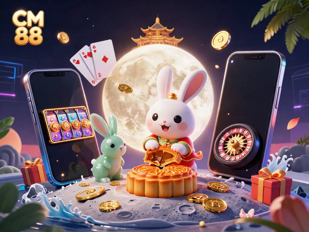 Experience the excitement of CM 88 with a vibrant 3D illustration featuring a moon rabbit and casino icons.