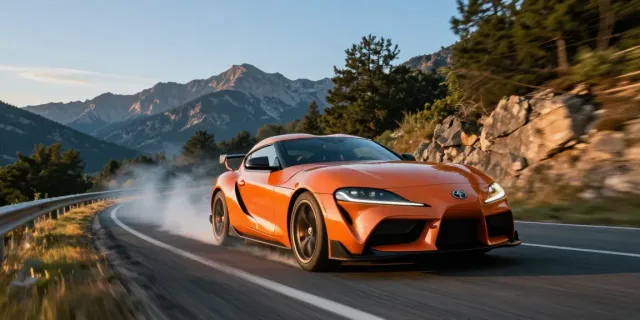 The A80 platform racing down a mountain road, showcasing the iconic Toyota Supra in a dynamic sunset scene.