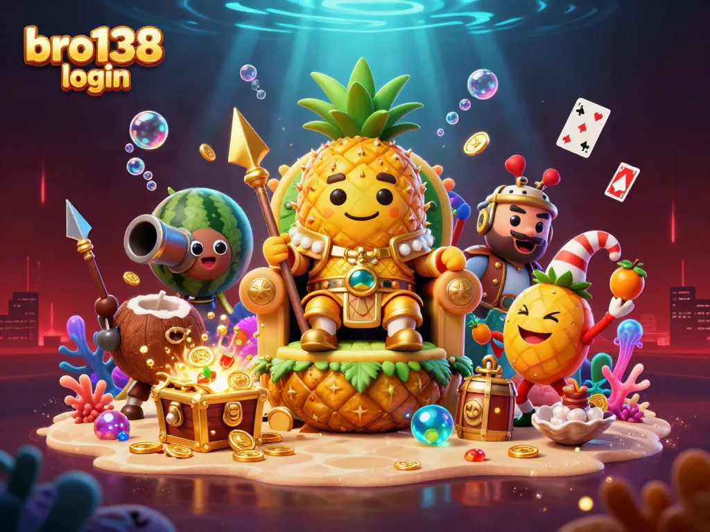 Engage with thrilling gameplay at bro138 login, featuring a golden pineapple king on a vibrant beach casino scene.