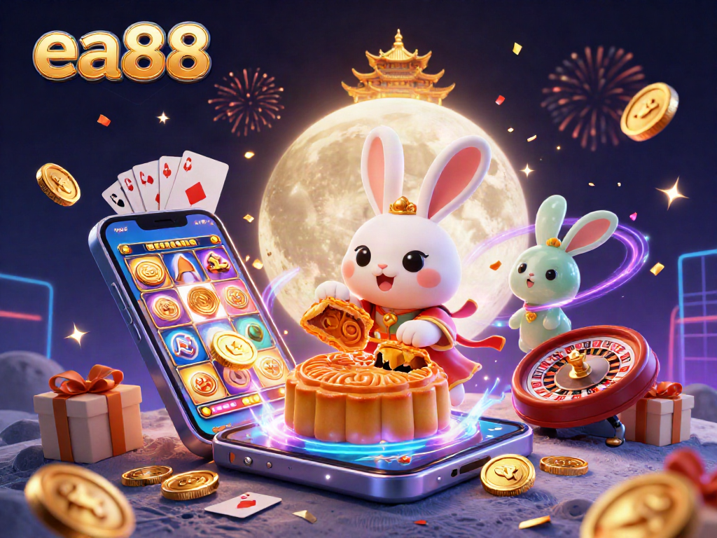 Experience thrilling gaming moments with ea88 as cartoon characters celebrate on the moon.