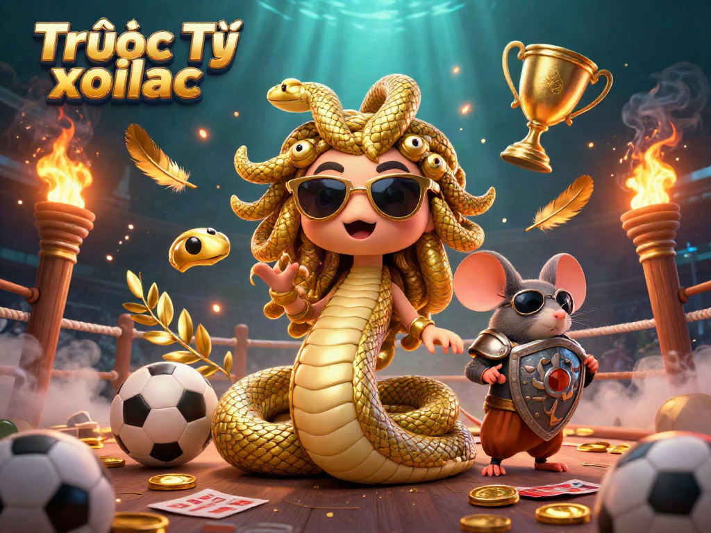 Engage in thrilling sports action with the lively Trực Tiếp xoilac scene featuring cartoon Medusa and a warrior mouse.