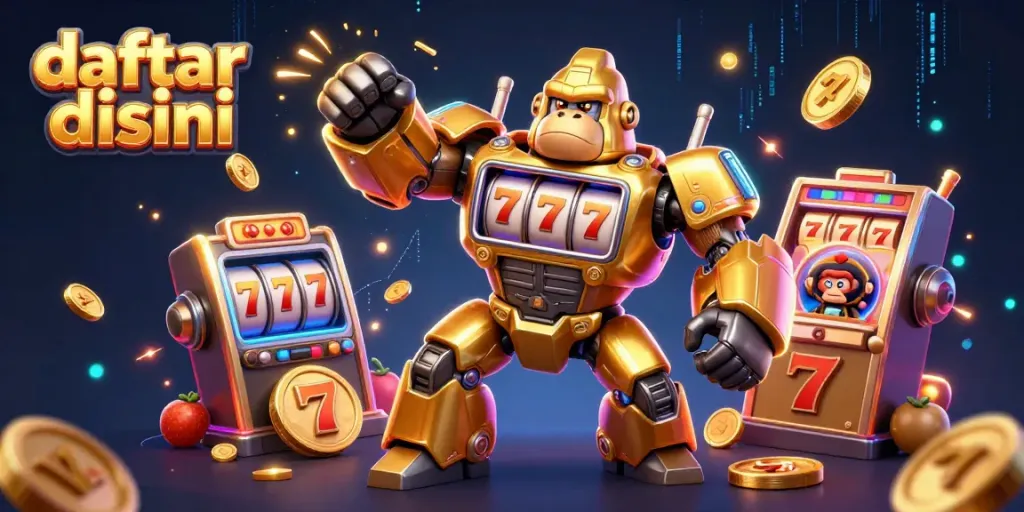 Menggoda pemain dengan gorila emas mekanik besar, simbol jackpot, dan elemen slot saat mereka daftarkan di kasino.