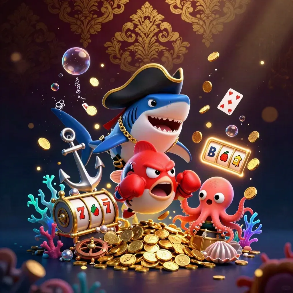 Pirate shark, boxing pufferfish, and coin-juggling octopus in a glowing treasure cove.