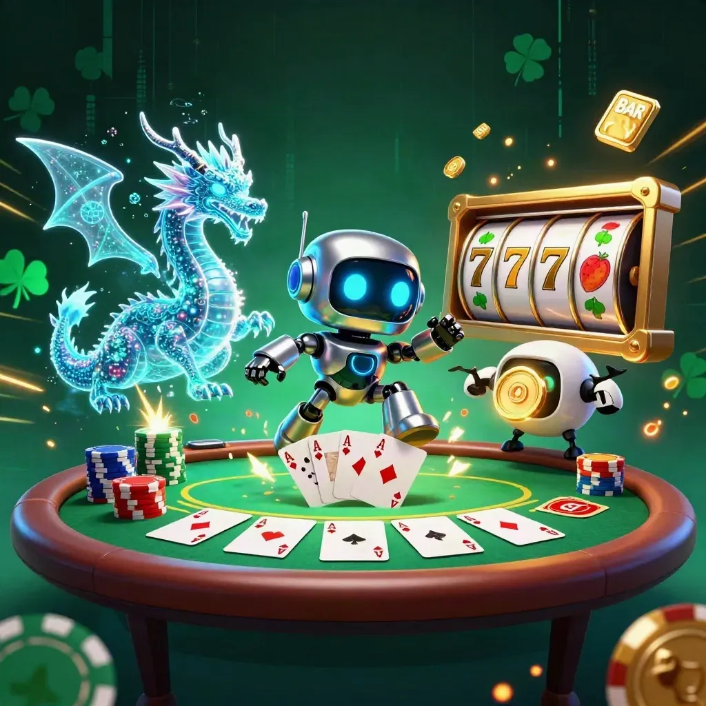 Robot, AI dragon, and coin drone over a neon casino poker table in cosmic light.