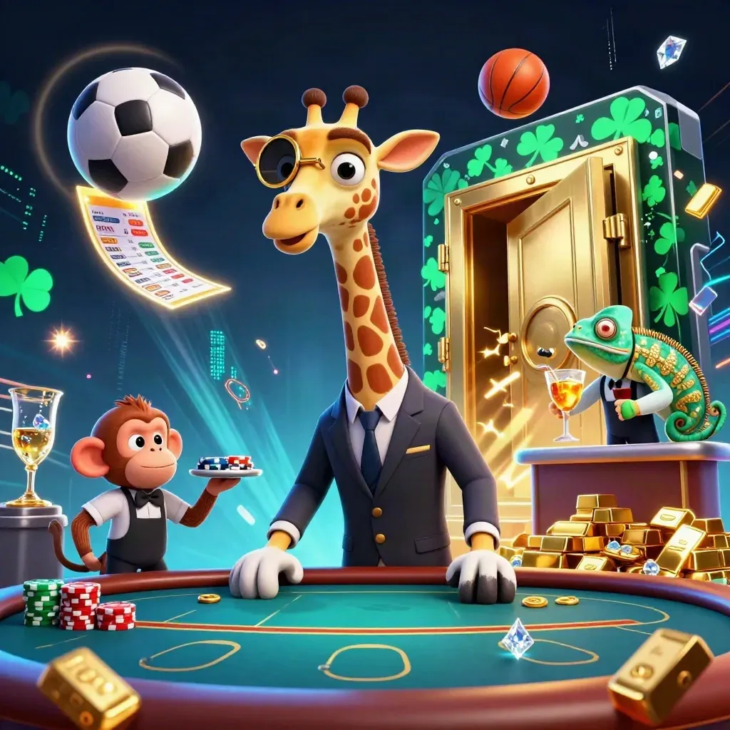 Neon casino scene with giraffe, monkey, chameleon, balls, vault door, and gold light.
