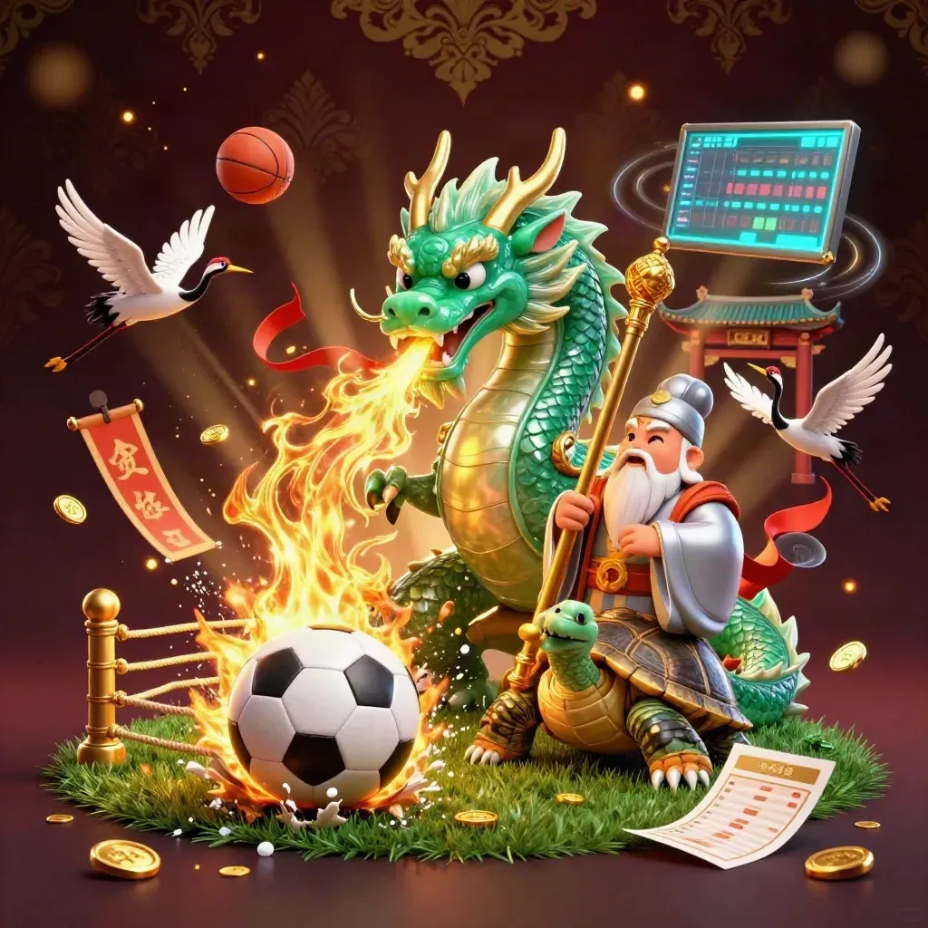 Jade dragon, turtle sage, cranes, and flying sports gear amid gold fire and casino lights.