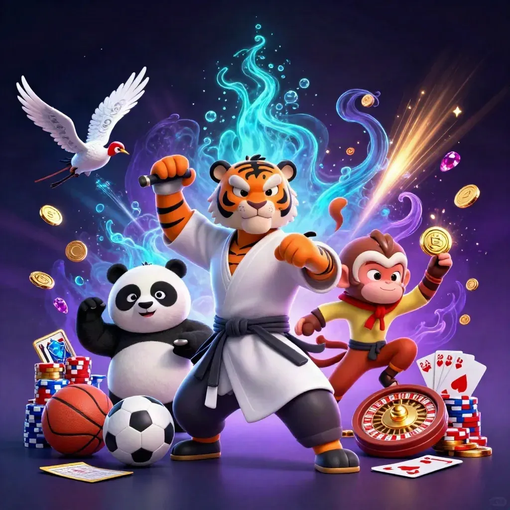 Kung-fu tiger, panda, and monkey amid casino sports icons, coins, cards, and neon cosmic light.
