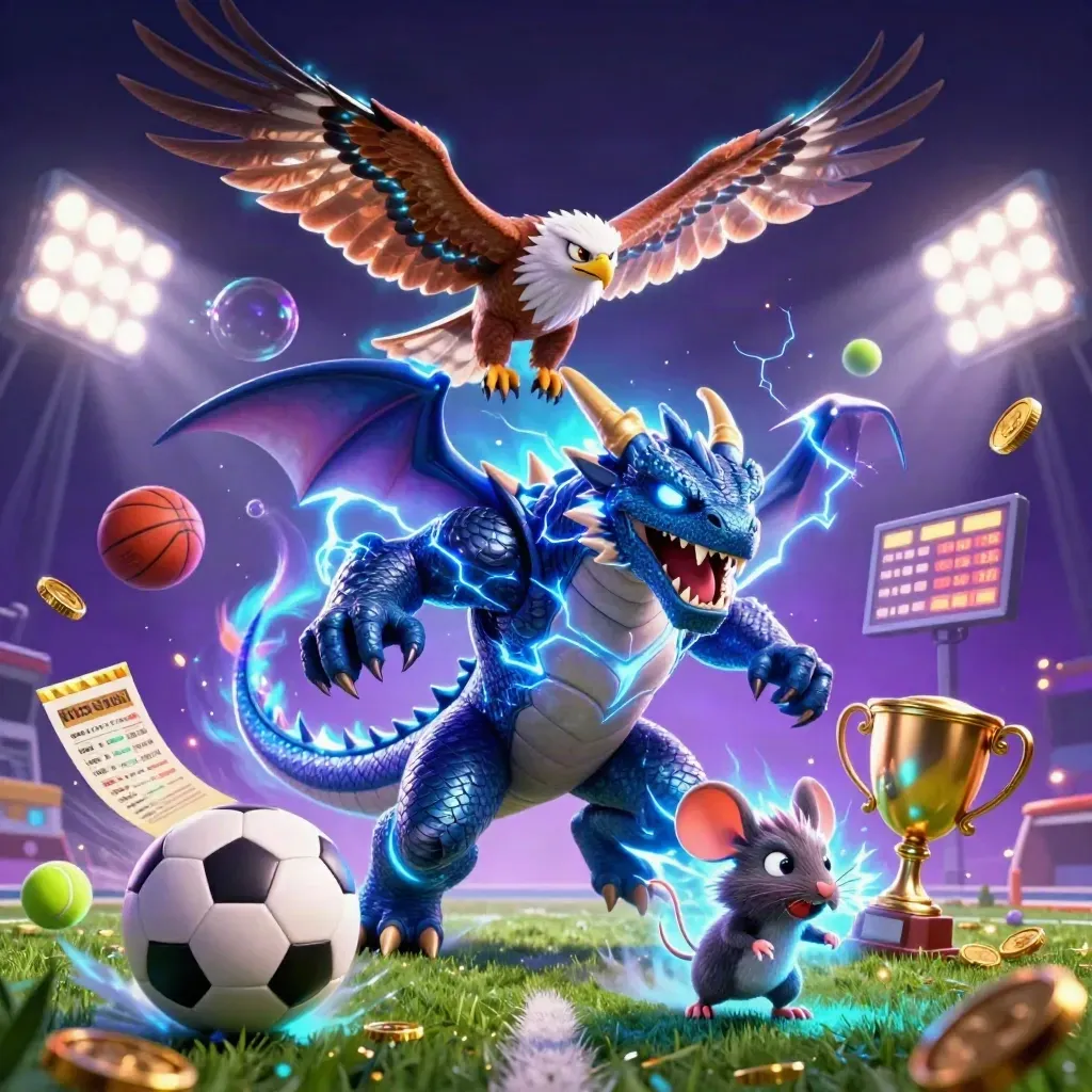 Ground-level fantasy sports burst with thunder dragon, hawk, mouse, balls, coins, and blazing lights.
