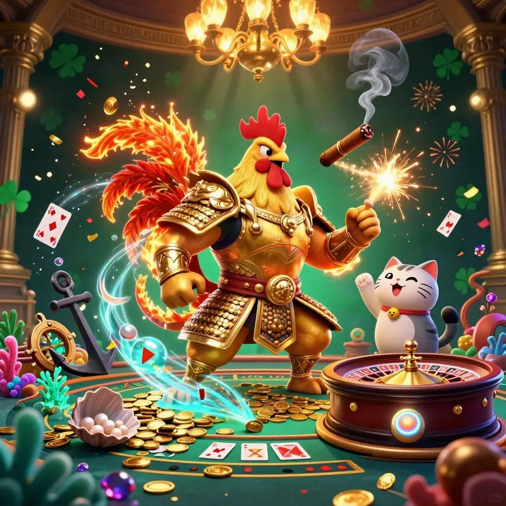 Rooster warrior, dragon hatchling, and fortune cat in a luxe cosmic casino cove with sparks and gold