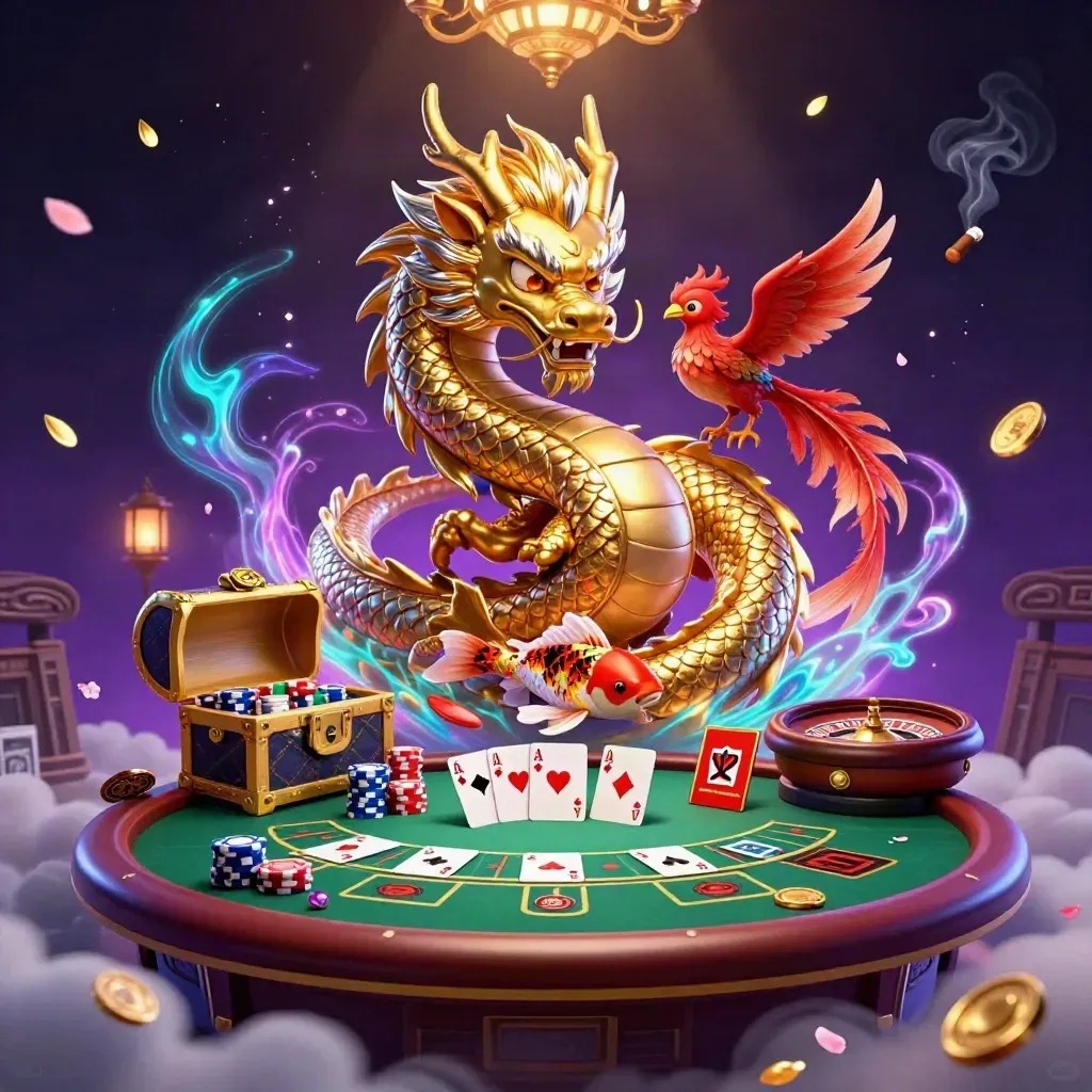 Golden dragon and phoenix over casino cards, chips, roulette wheel, and cosmic purple light.