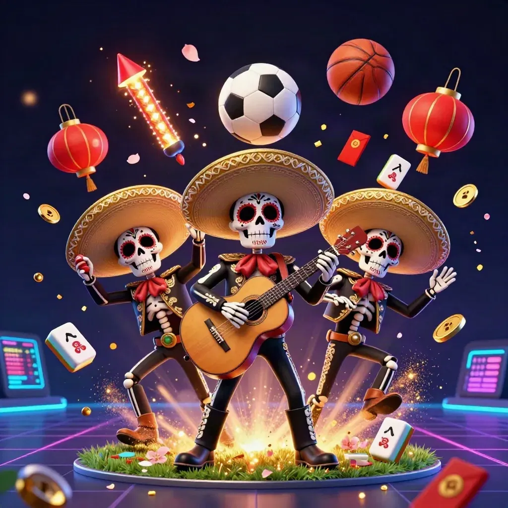 Skeleton mariachi trio in neon casino light with sports balls, coins, lanterns, and gold confetti.