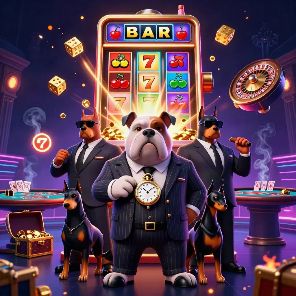 Bulldog boss and Dobermans in a luxe neon casino with slot burst, dice, gold, and table glow.