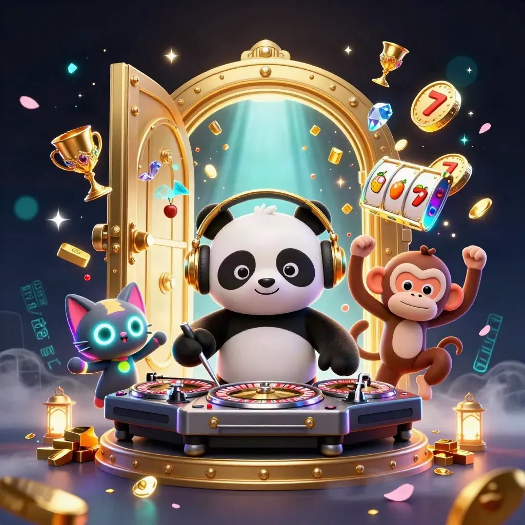 DJ panda, monkey, and glow-kitten amid vault treasure, cyan magic, and casino lights