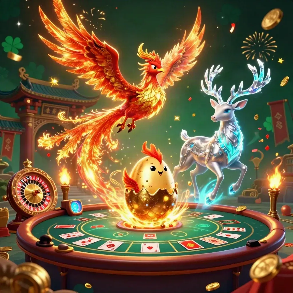 Phoenix, stag, and baby phoenix amid casino lights, coins, fireworks, and a spinning wheel.