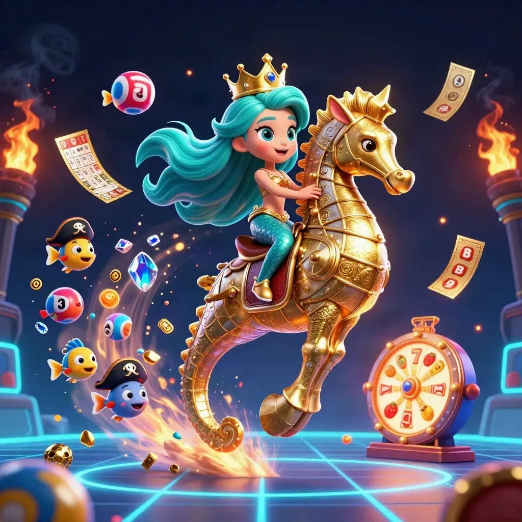 Mermaid princess on a golden seahorse amid lottery balls, bingo cards, reels, and neon cyan casino energy.