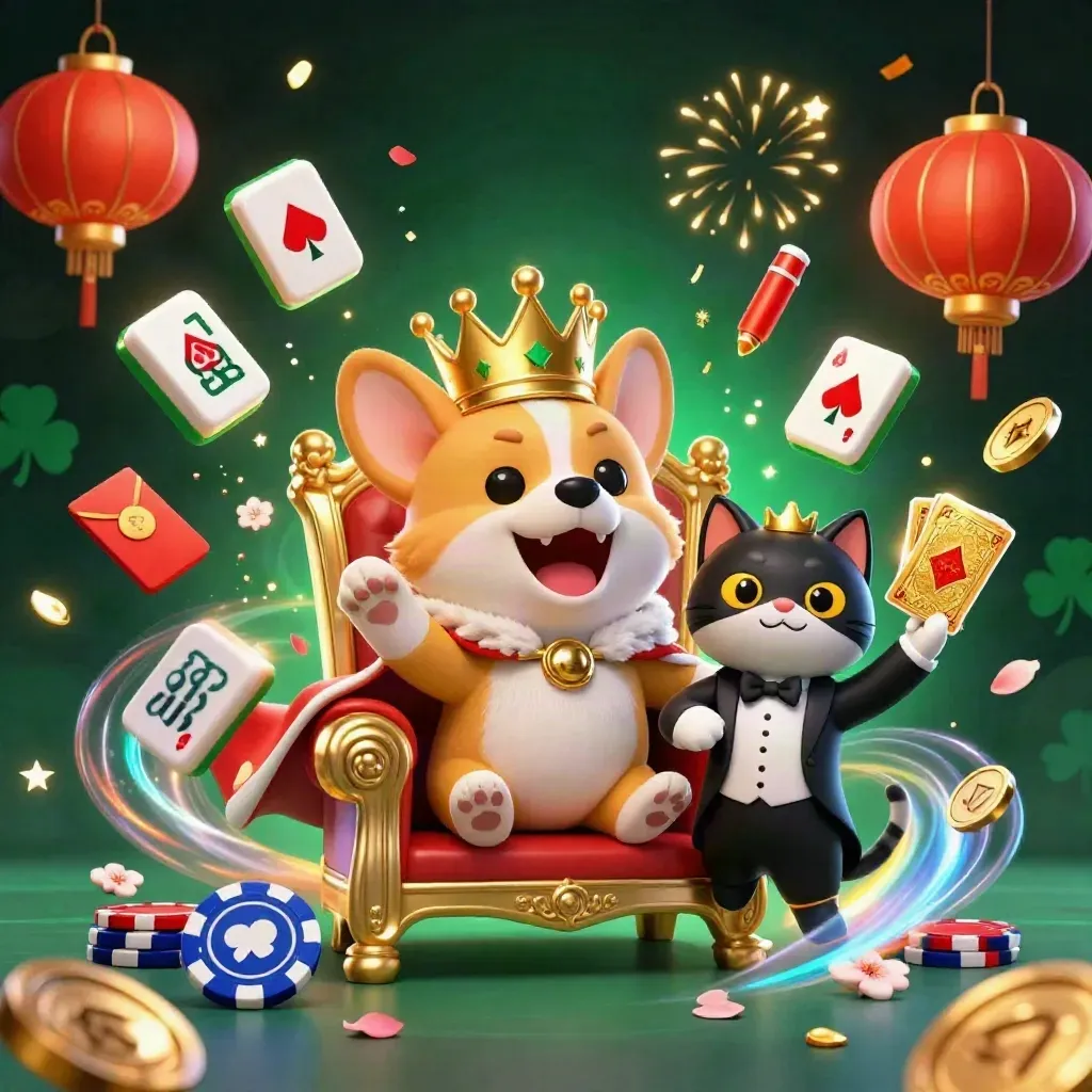 Crowned corgi king and cat butler amid lanterns, coins, confetti, fireworks, and casino treasure.