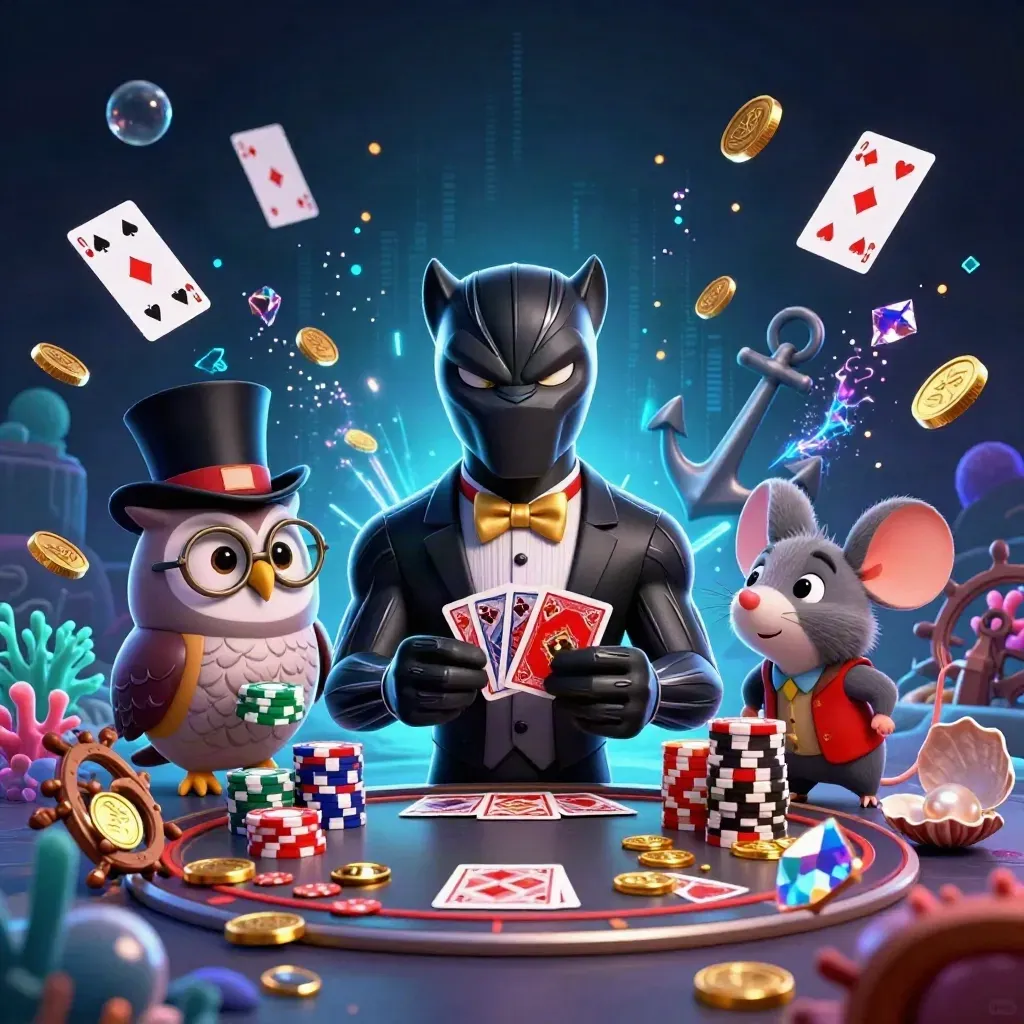 Tuxedo panther, owl, and mouse amid a glowing underwater treasure cove with coins and coral.
